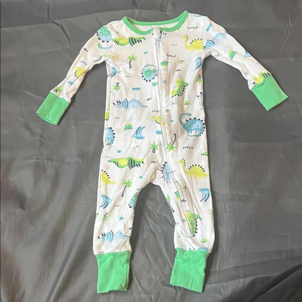 Little Me Dino Print Footie - White and Green